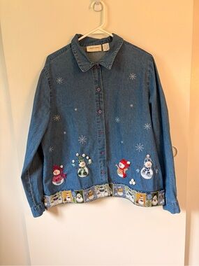 Lemon Grass Petite Christmas Denim Shirt Top Blue Snowman 90’s VTG